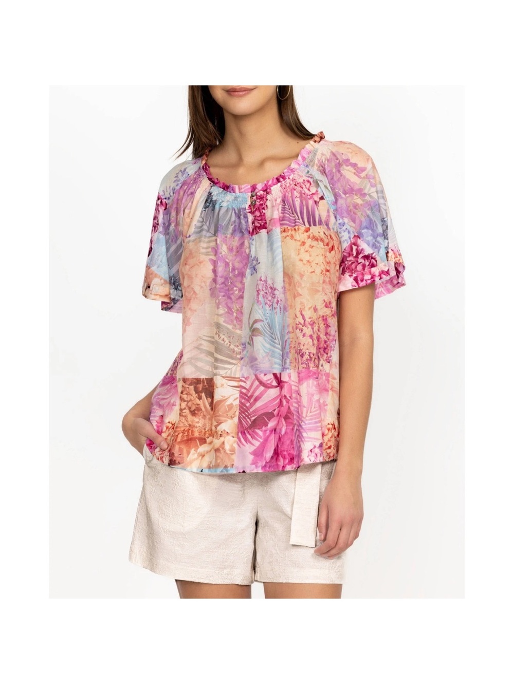 Johnny Was Floral Patchwork Short-Sleeve Peasant Top - Pink Multi